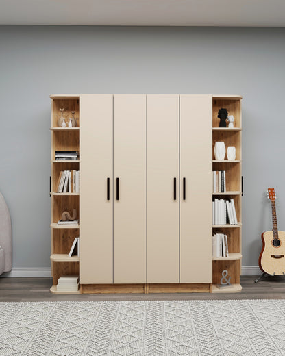 Beige wardrobe with wooden shelves against a gray wall.