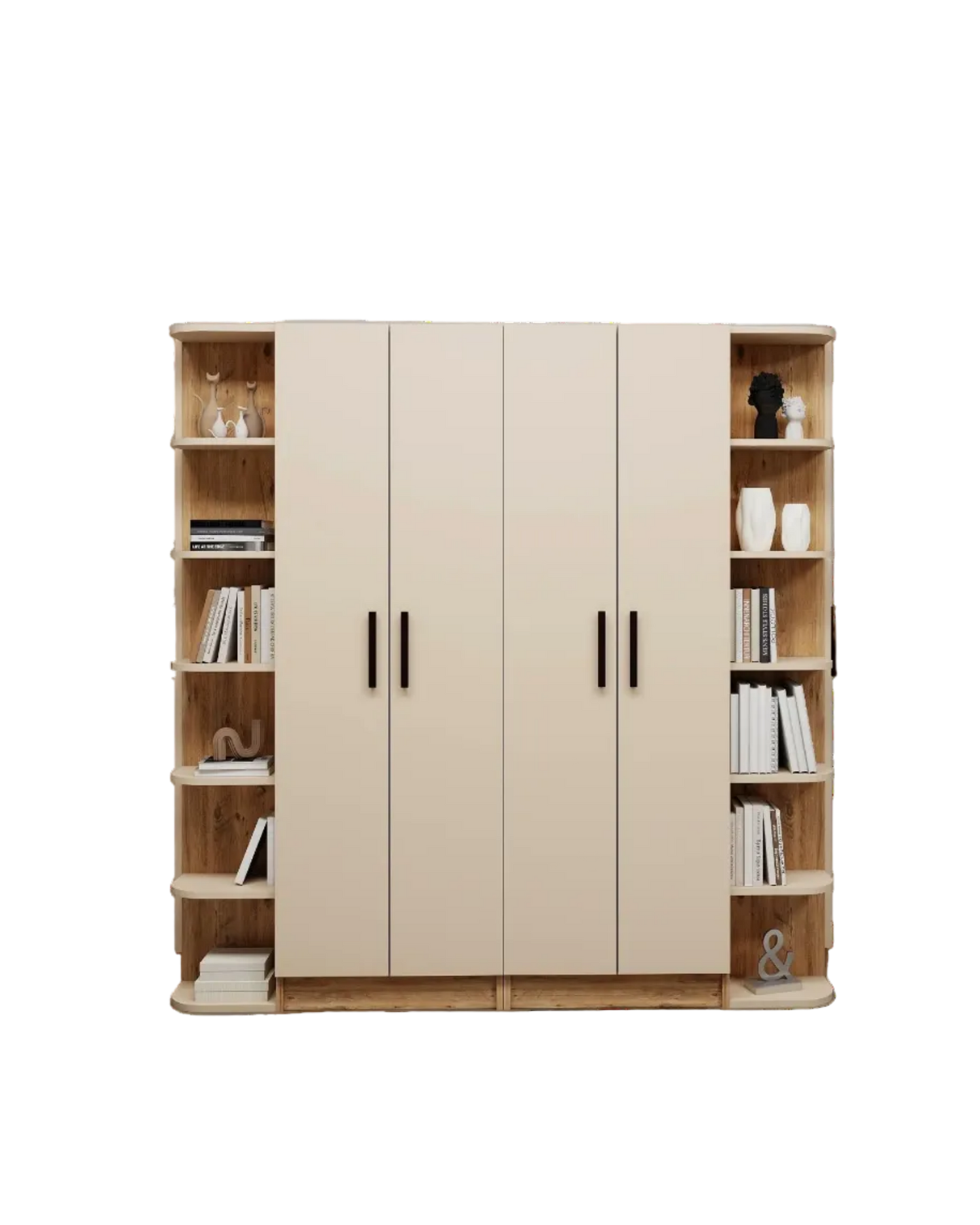 A modern four-door wardrobe cabinet with open shelving on both sides, featuring light beige doors and natural wood shelves, shown against a plain white background.