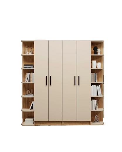 A modern four-door wardrobe cabinet with open shelving on both sides, featuring light beige doors and natural wood shelves, shown against a plain white background.