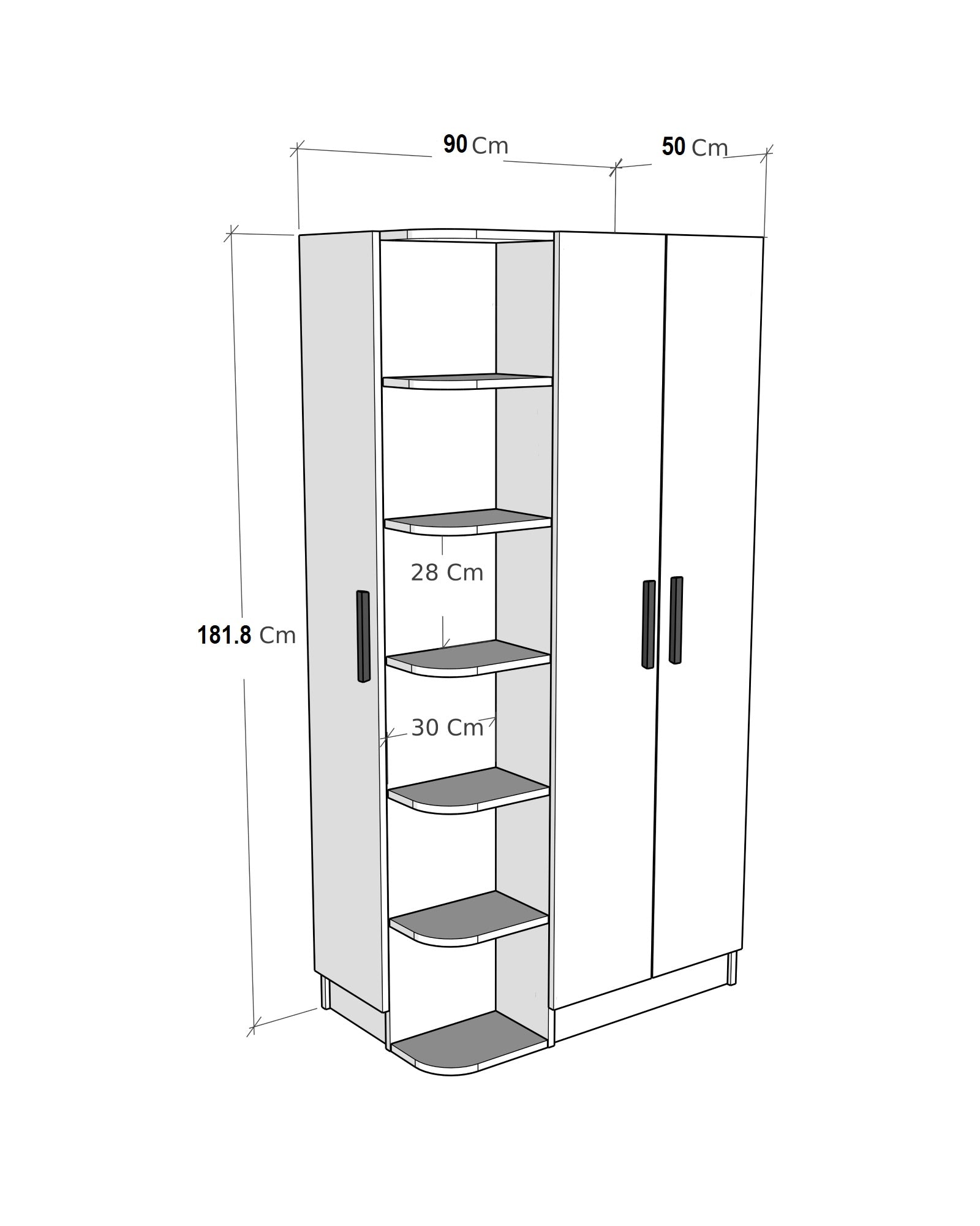 Measurement chart of a tall white cabinet with shelves and doors on a white background