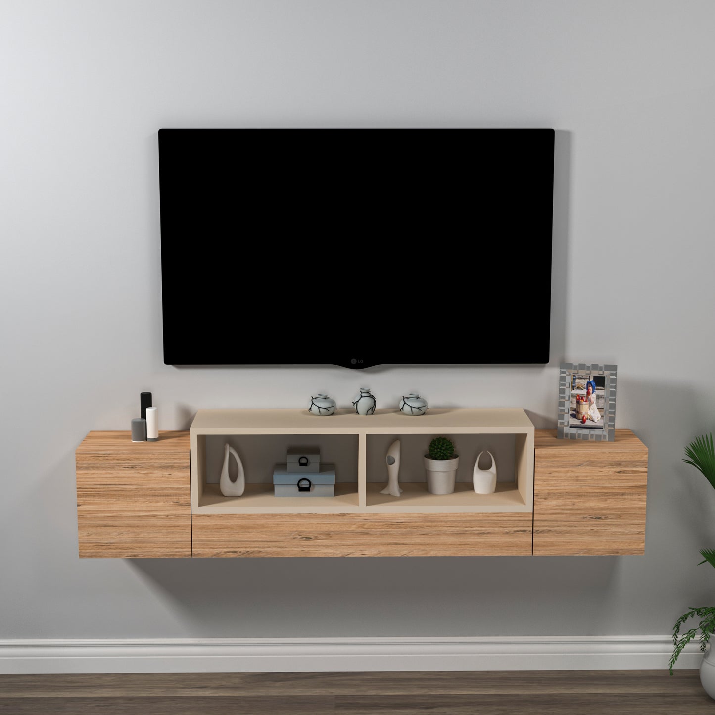 Morica Floating TV Stand with Shelves and Cabinets