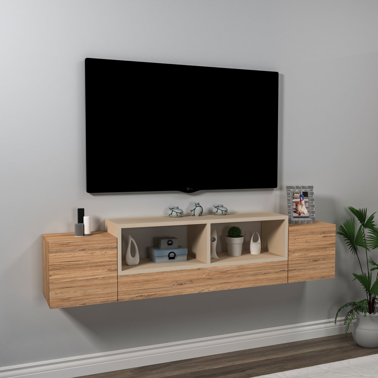 Morica Floating TV Stand with Shelves and Cabinets