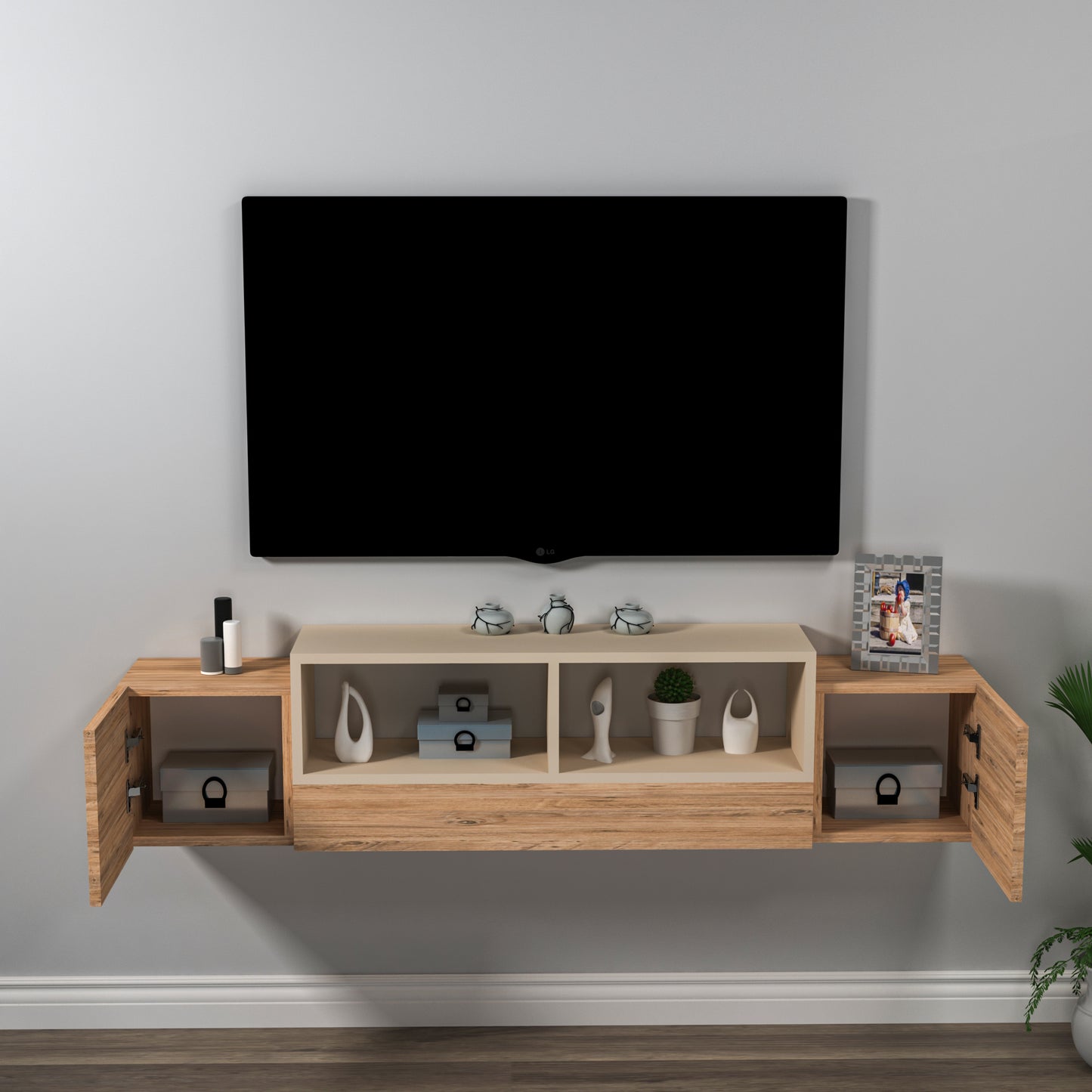 Morica Floating TV Stand with Shelves and Cabinets