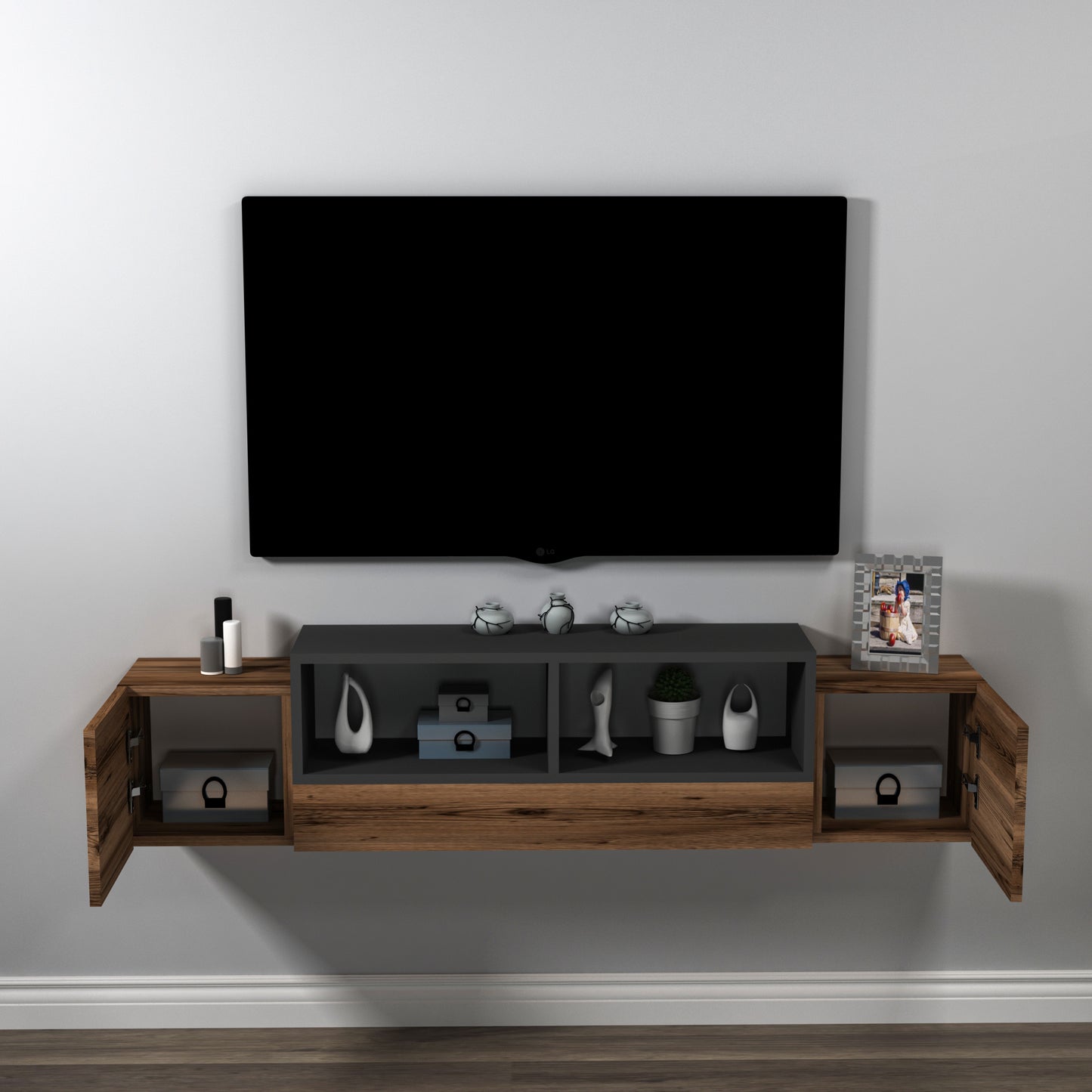 Morica Floating TV Stand with Shelves and Cabinets