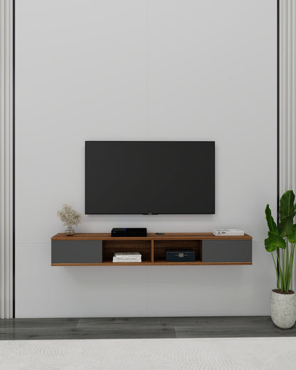 Meuble TV flottant mural Mayer 140 cm pour téléviseurs jusqu'à 60", meuble média moderne avec 4 étagères ouvertes et double gestion des câbles