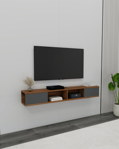Meuble TV flottant mural Mayer 140 cm pour téléviseurs jusqu'à 60", meuble média moderne avec 4 étagères ouvertes et double gestion des câbles