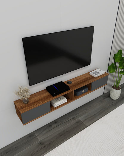 Meuble TV flottant mural Mayer 140 cm pour téléviseurs jusqu'à 60", meuble média moderne avec 4 étagères ouvertes et double gestion des câbles
