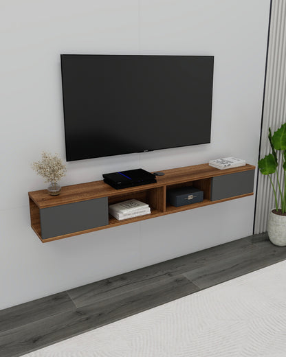 Meuble TV flottant mural Mayer 140 cm pour téléviseurs jusqu'à 60", meuble média moderne avec 4 étagères ouvertes et double gestion des câbles