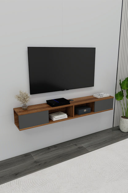 Meuble TV flottant mural Mayer 140 cm pour téléviseurs jusqu'à 60", meuble média moderne avec 4 étagères ouvertes et double gestion des câbles