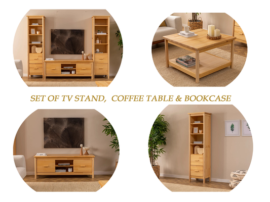 Solid Pine Wood Handmade TV Stand, Coffee Table & Bookcase - Set of 3 Dawn