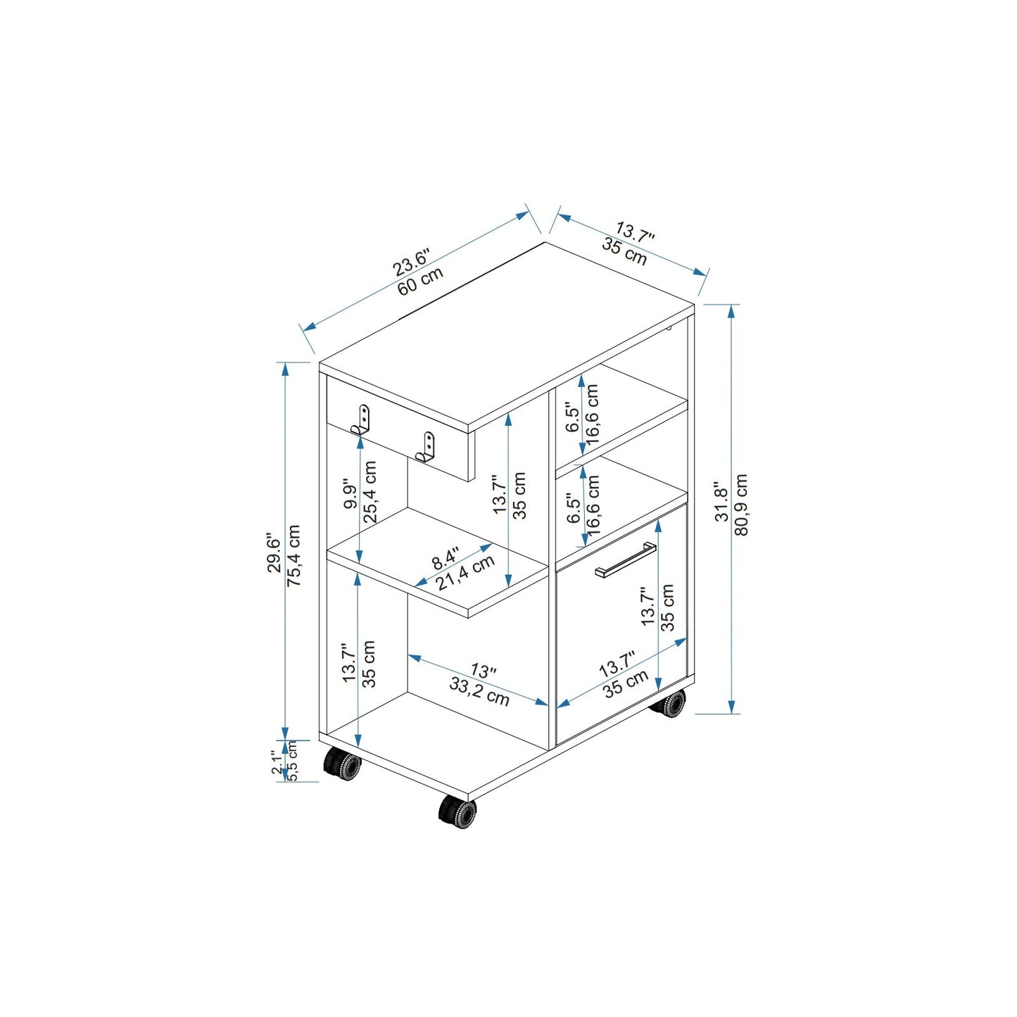 Rebusa Multipurpose Mobile Storage Cabinet with Door, Shelves and Wheels