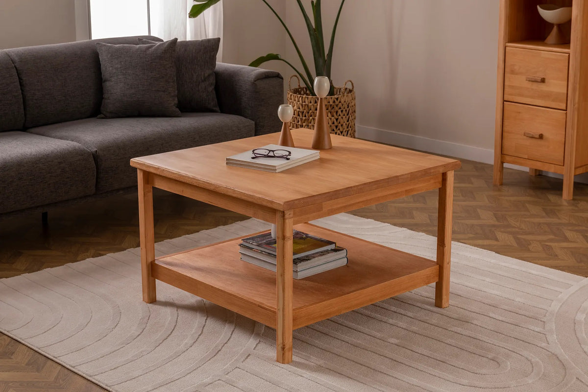 Ranch Handmade Pine Wood Square Coffee Table with Storage Shelf  Destina Home Oak
