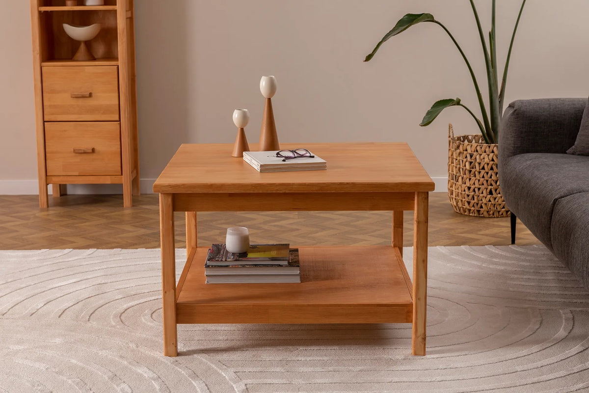 Ranch Handmade Pine Wood Square Coffee Table with Storage Shelf  Destina Home Oak