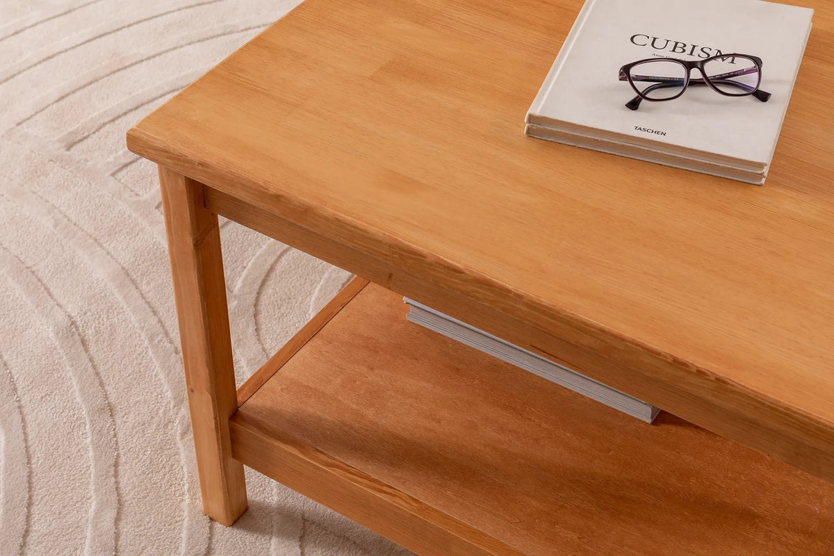 Ranch Handmade Pine Wood Square Coffee Table with Storage Shelf  Destina Home Oak