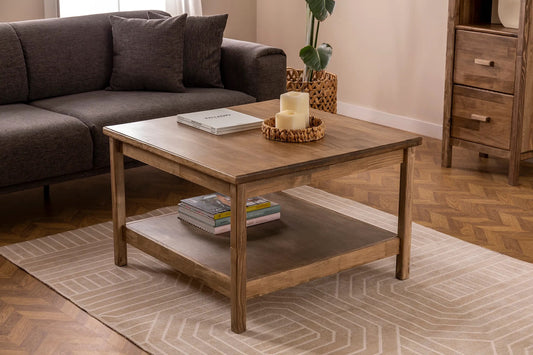 Ranch Handmade Pine Wood Square Coffee Table with Storage Shelf  Destina Home Walnut