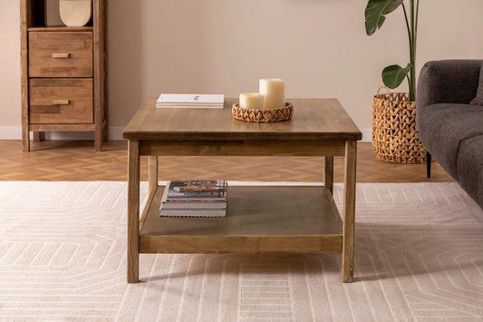 Ranch Handmade Pine Wood Square Coffee Table with Storage Shelf  Destina Home Walnut