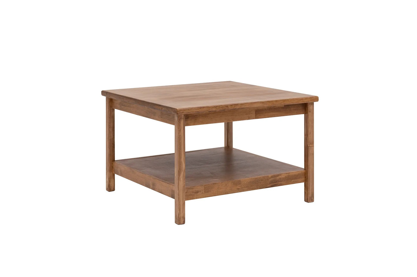 A square-shaped, brown solid pine wood handmade coffee table with a storage shelf underneath. The table is varnished and has smooth oval wood edges.
