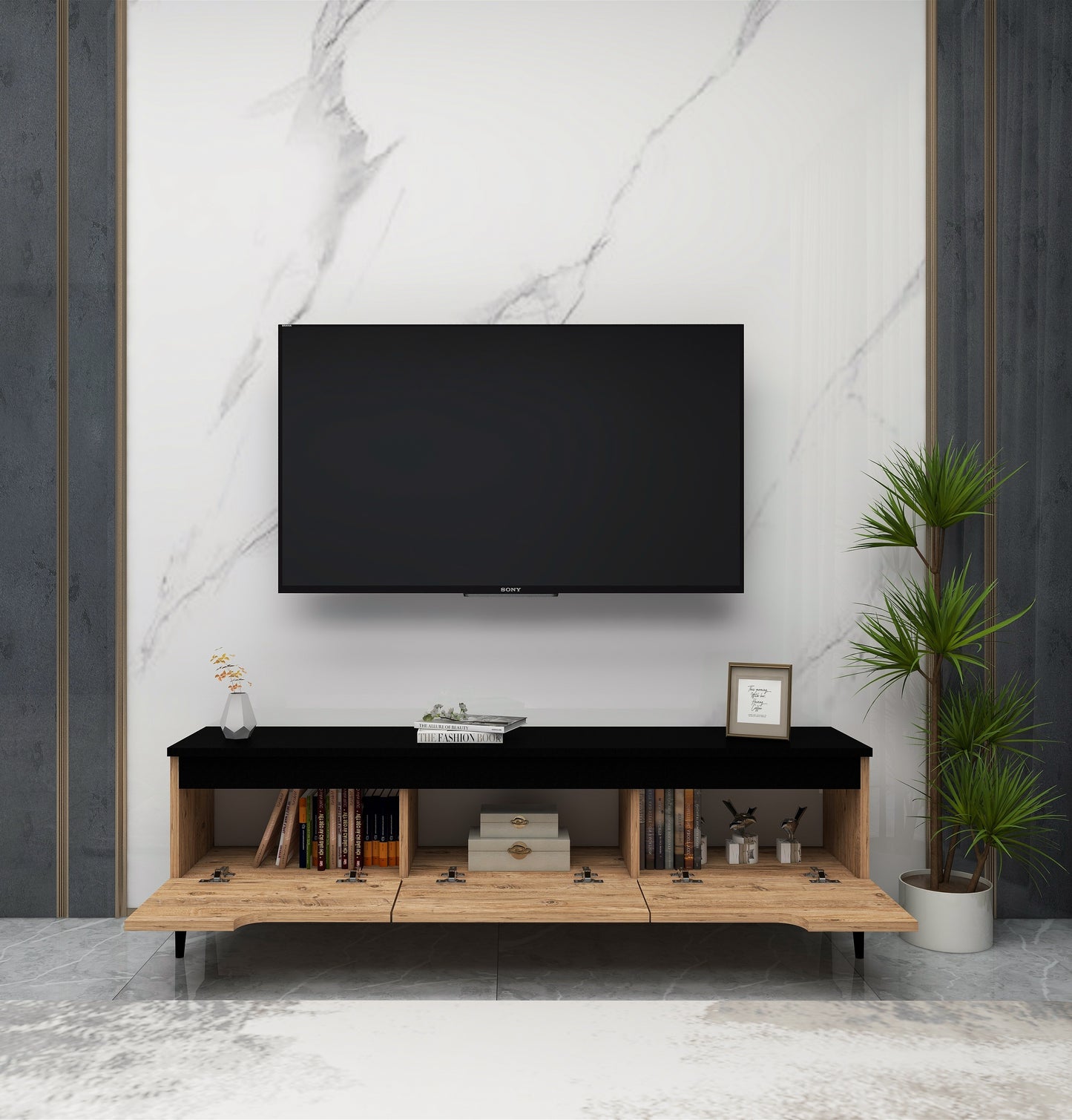 Amiray Modern TV Stand for 65-Inch TVs | 3 Cabinets, Water-Resistant Finish, Easy Assembly