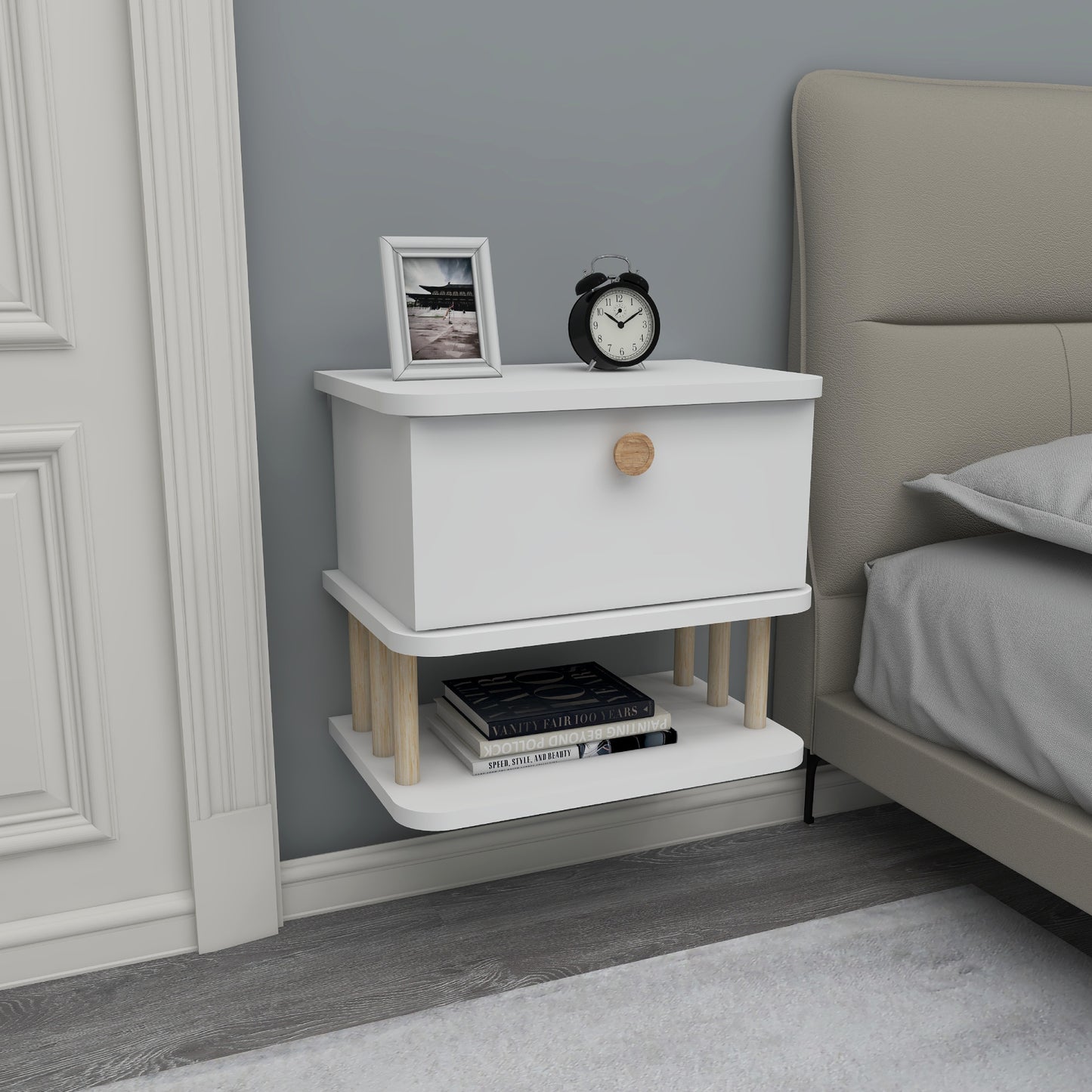 Serene Wall Mounted Nightstand with Cabinet
