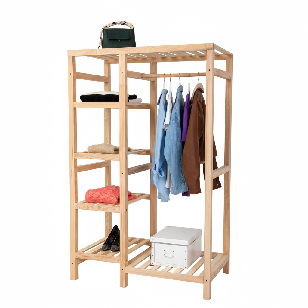 A light natural wood open wardrobe or shelving unit with five shelves, a top rod, and a hanging rail with several garments. The unit is photographed on a clean white studio background with styling props including folded clothes, shoes, a handbag, and a storage box.