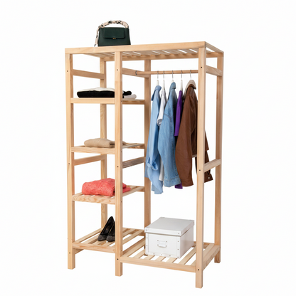A light natural wood open wardrobe or shelving unit with five shelves, a top rod, and a hanging rail with several garments. The unit is photographed on a clean white studio background with styling props including folded clothes, shoes, a handbag, and a storage box.