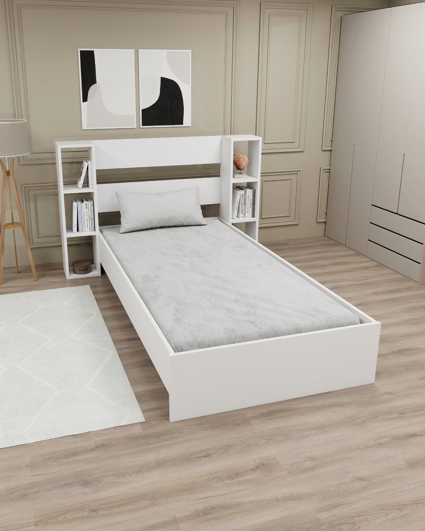 Smart Bedstead Bed Frame with Metal Slats and Storage Shelves