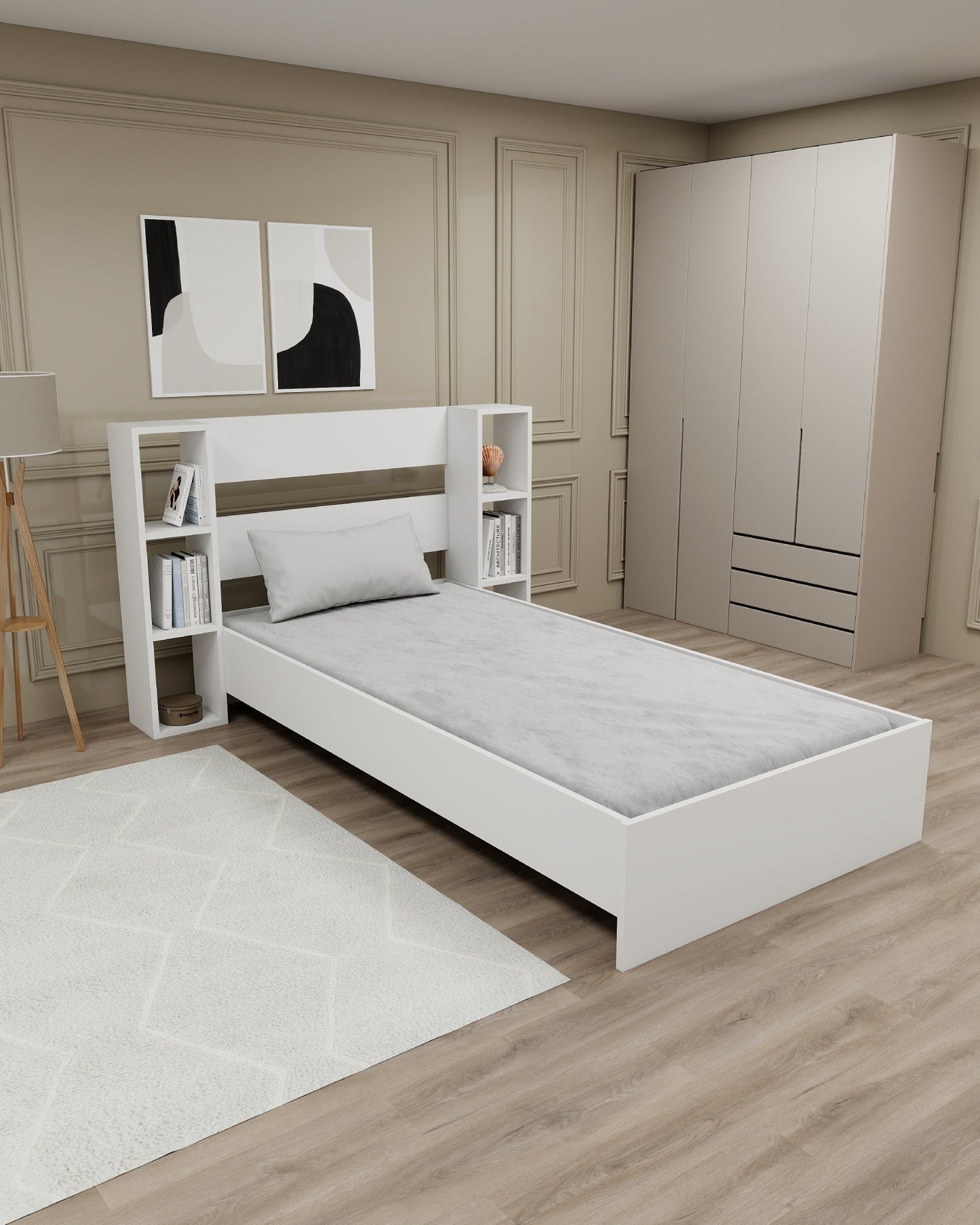 Smart Bedstead Bed Frame with Metal Slats and Storage Shelves