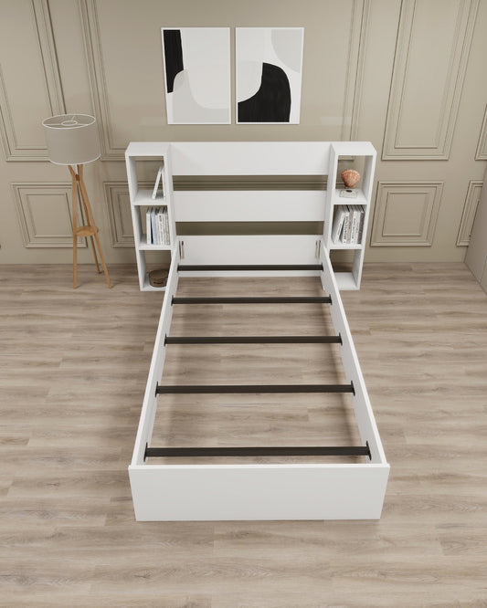 Smart Bedstead Bed Frame with Metal Slats and Storage Shelves