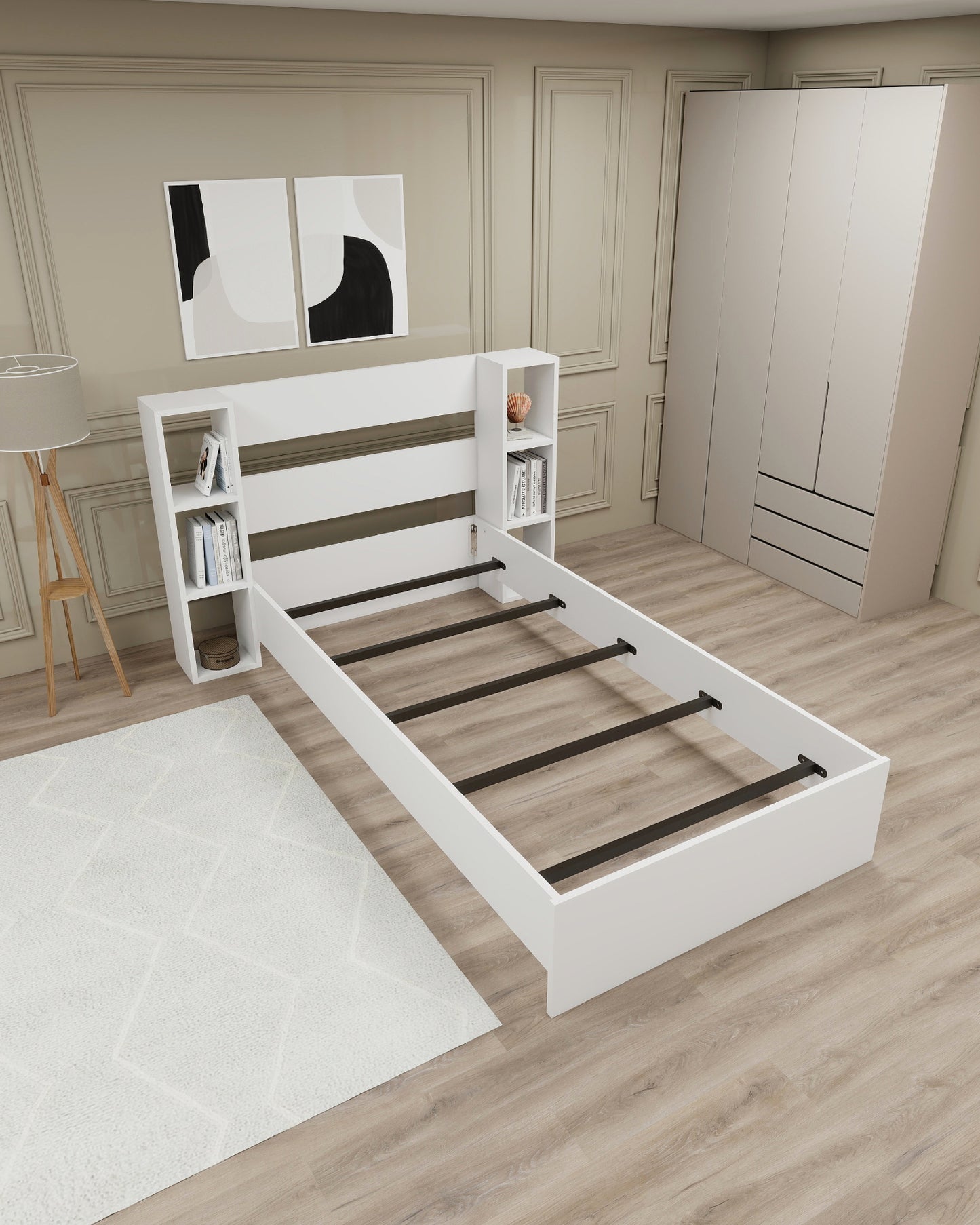 Smart Bedstead Bed Frame with Metal Slats and Storage Shelves