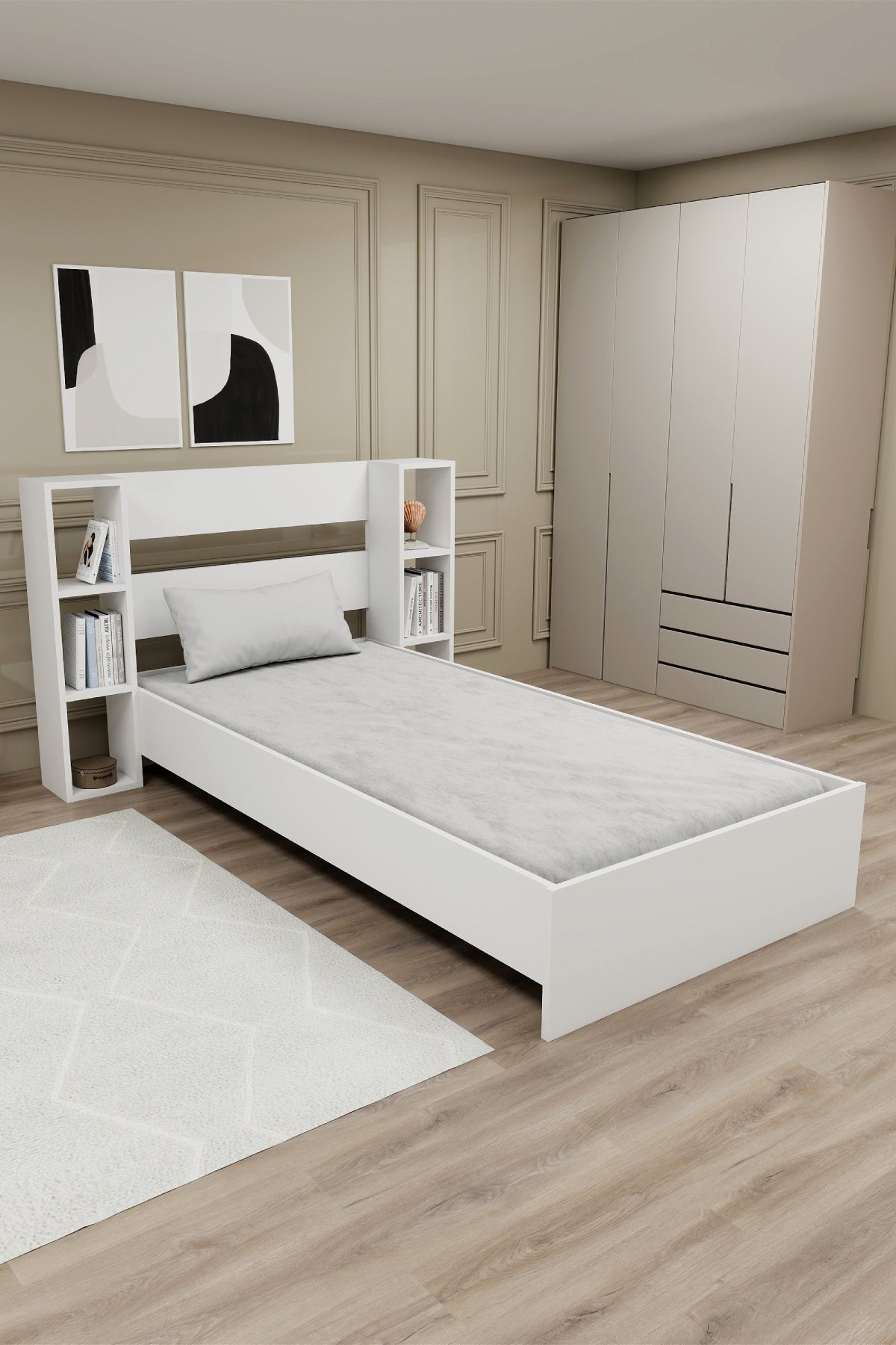 Smart Bedstead Bed Frame with Metal Slats and Storage Shelves