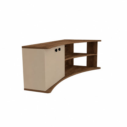 A modern curved media console with a dark brown wood-grain finish and a cream-colored cabinet door on the left side, featuring two small black knobs.