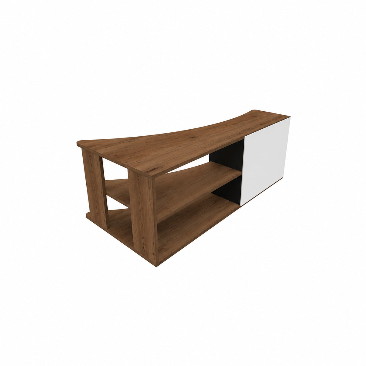 A modern wooden media console with a curved top, two open lower shelves, and a white side cabinet door, shown on a plain white background.