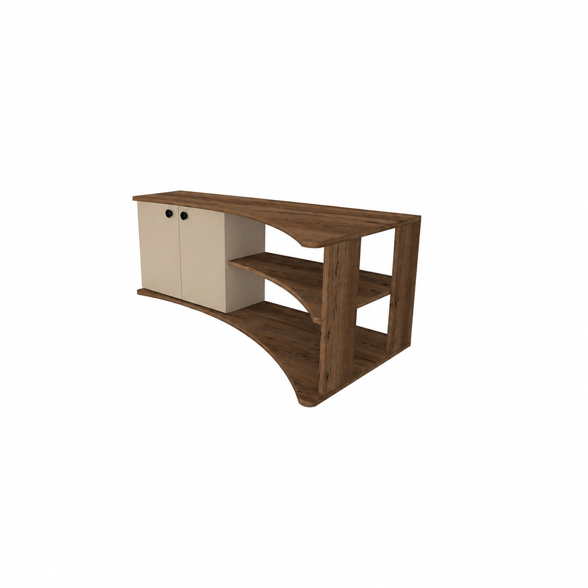 A modern wooden console table with a dark brown finish, featuring a cabinet with cream-colored doors on the left, two open shelves, and curved lower support panels, shown on a plain white background.