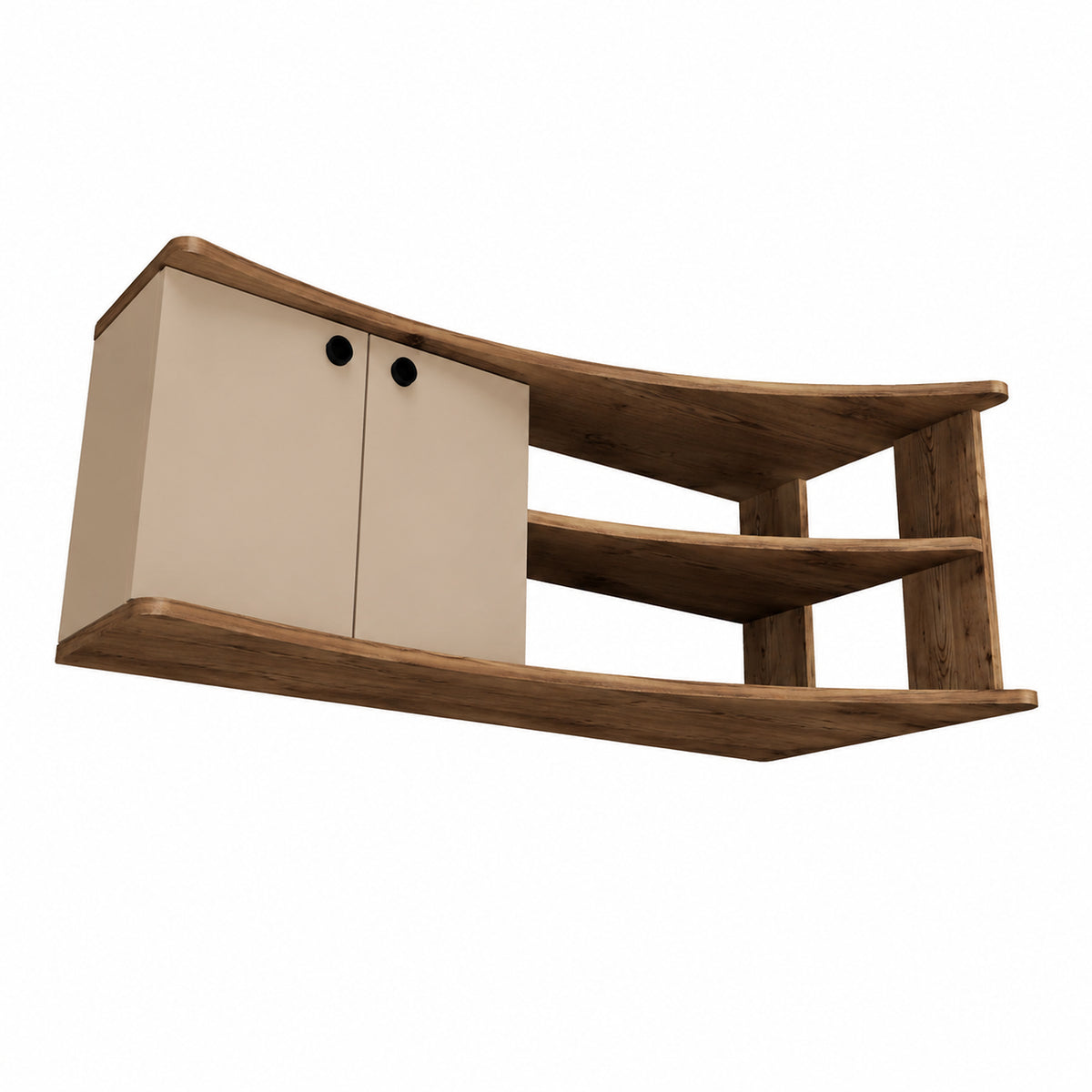 A curved wooden media console cabinet with two cream-colored doors and black round knobs on the left, and three open wooden shelves on the right, shown against a plain white background.