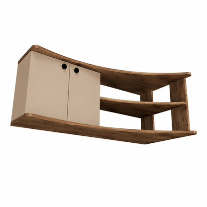A curved wooden media console cabinet with two cream-colored doors and black round knobs on the left, and three open wooden shelves on the right, shown against a plain white background.