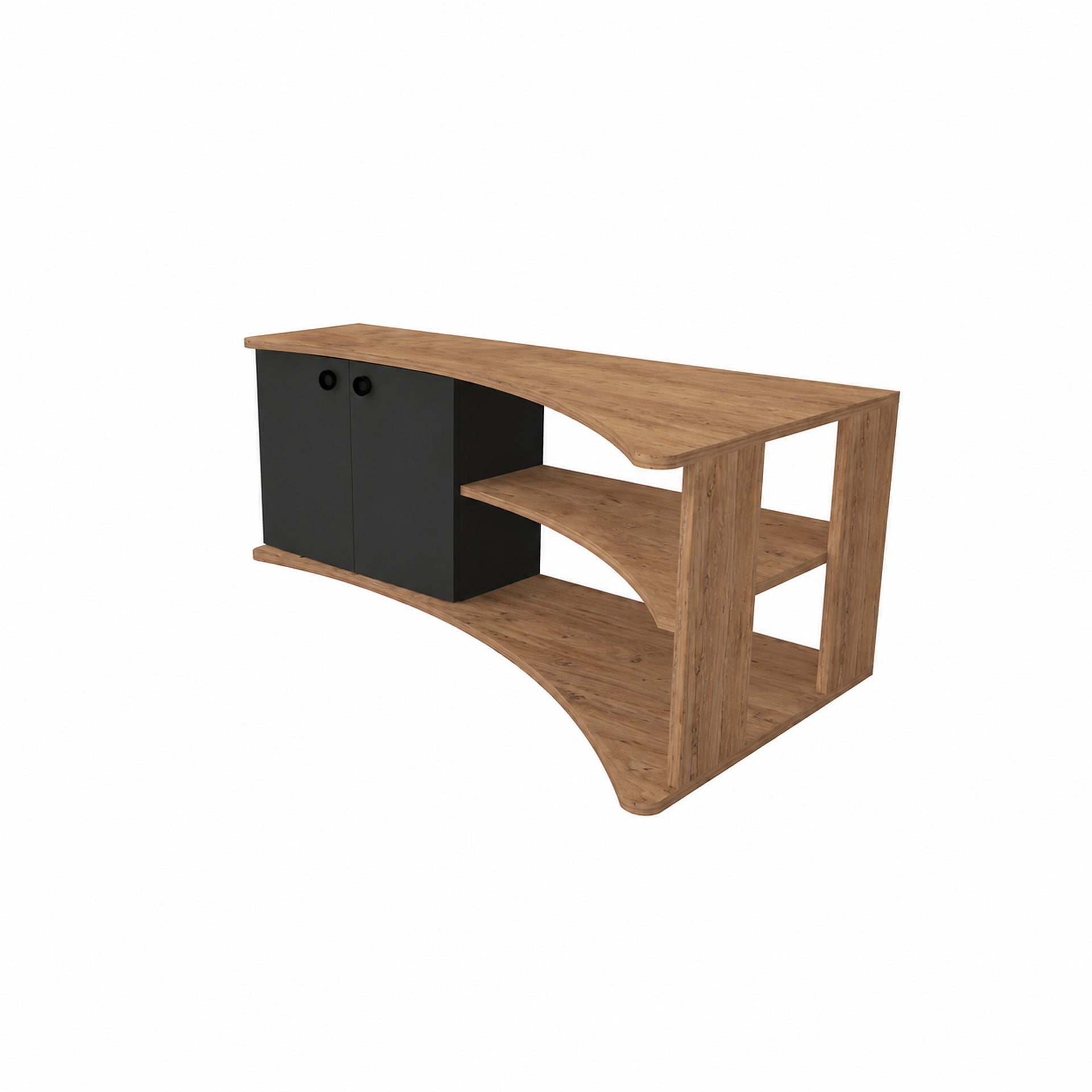 A modern curved media console with a natural wood finish and a black cabinet on the left side, shown on a plain white background.