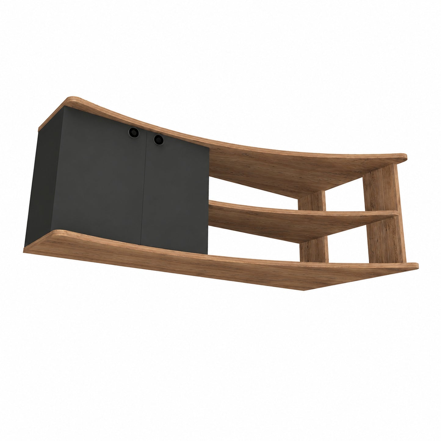 A curved wooden media console cabinet with a dark gray door on the left and two open wooden shelves on the right, shown against a plain white background.