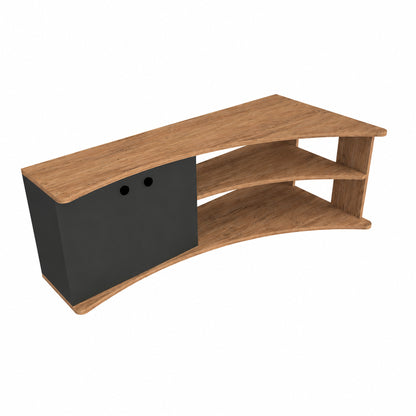 A modern curved wooden media console with a dark gray cabinet door on the left and two open wooden shelves, shown on a plain white background.