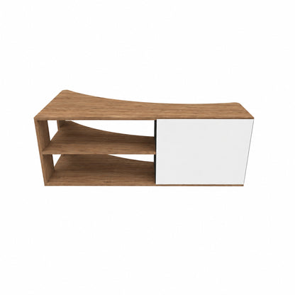 A modern low-profile media console with a curved top, featuring a warm brown wood-grain finish on the shelves, top, and front frame, paired with a contrasting white side cabinet door.
