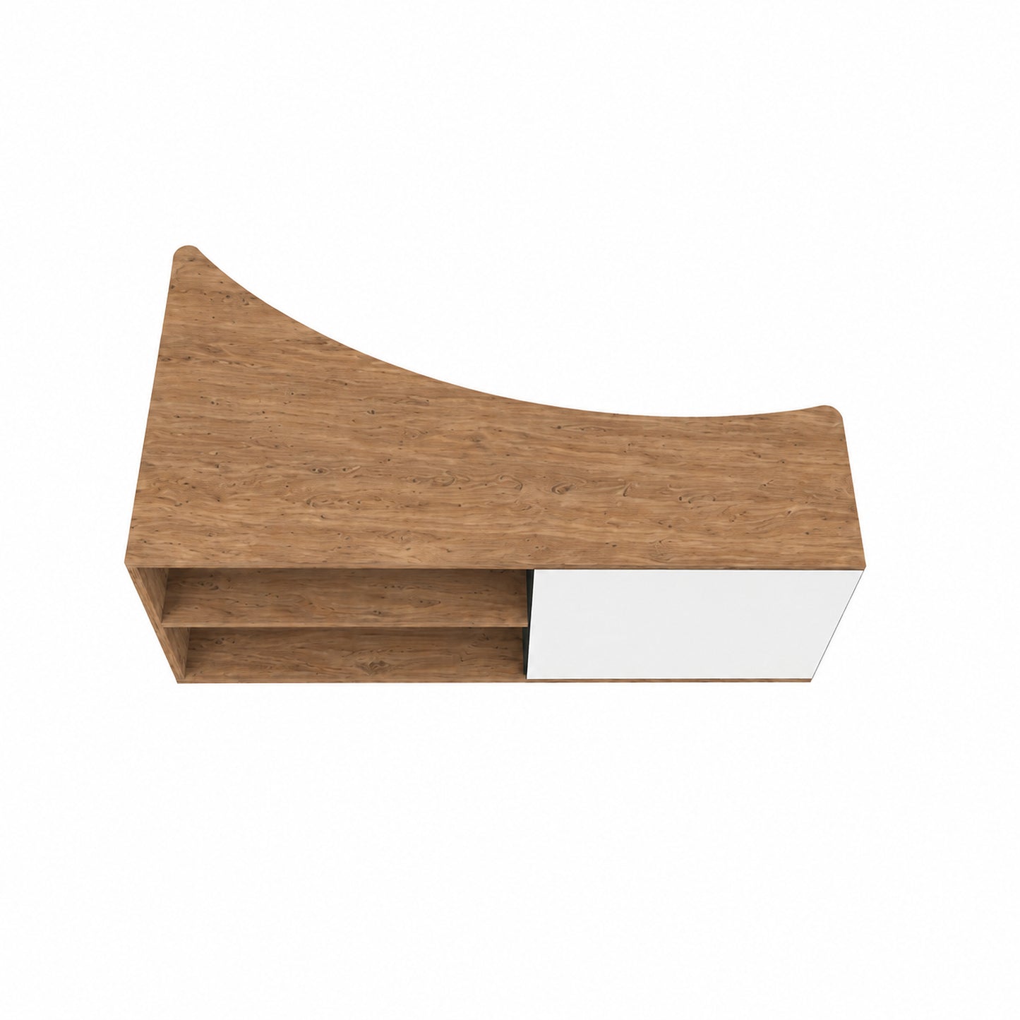 A modern curved wooden console table with a warm brown wood-grain finish and a contrasting white drawer on the right side, shown from a top-down perspective on a white background.