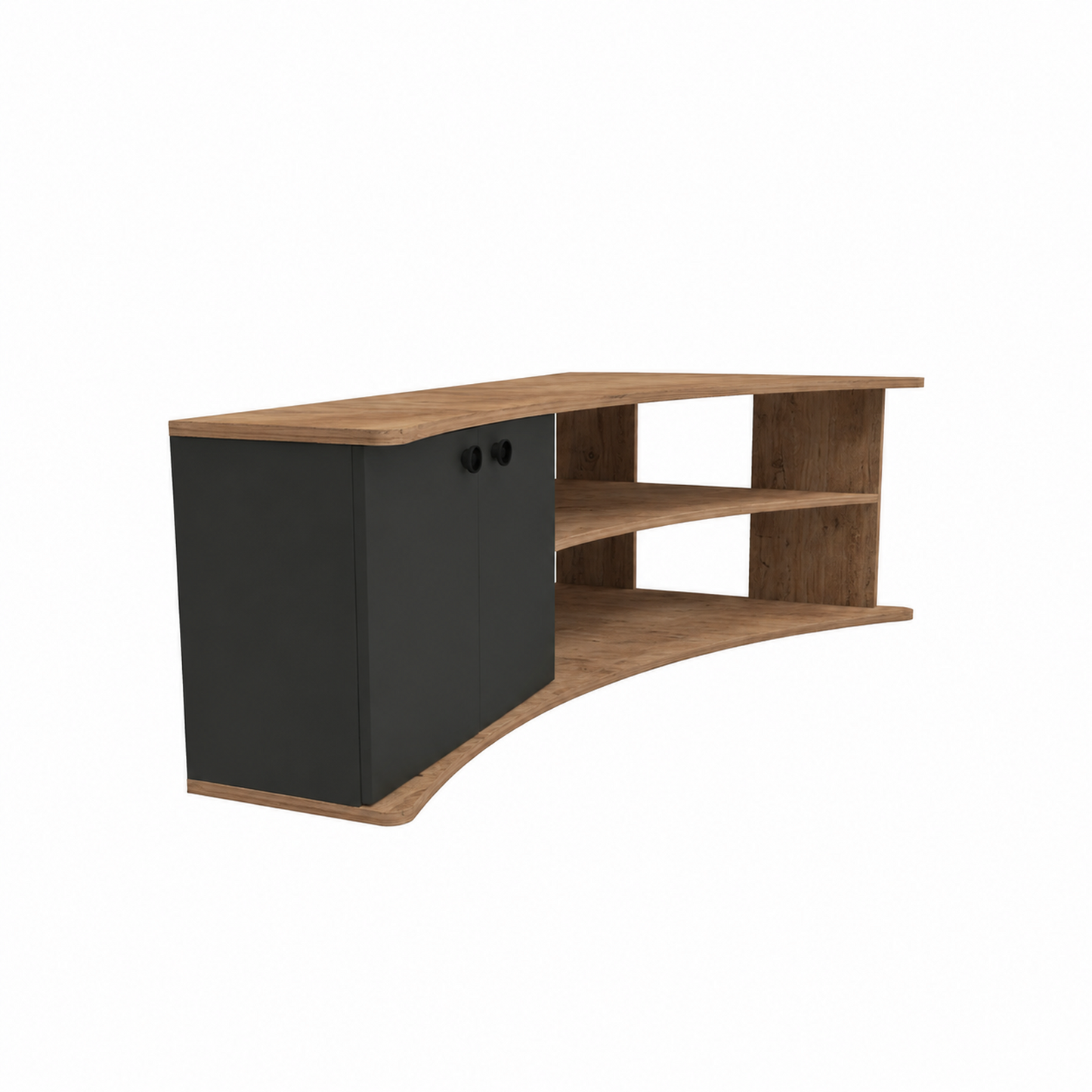 A modern curved media console with a black cabinet door on the left and natural wood shelves and top, shown on a plain white background.