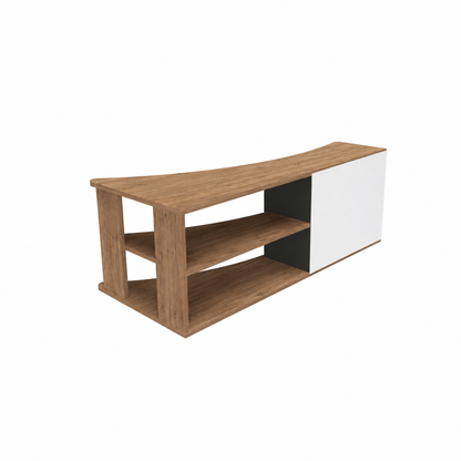 A modern curved media console with a natural wood finish and a white side cabinet door, shown on a plain white background.