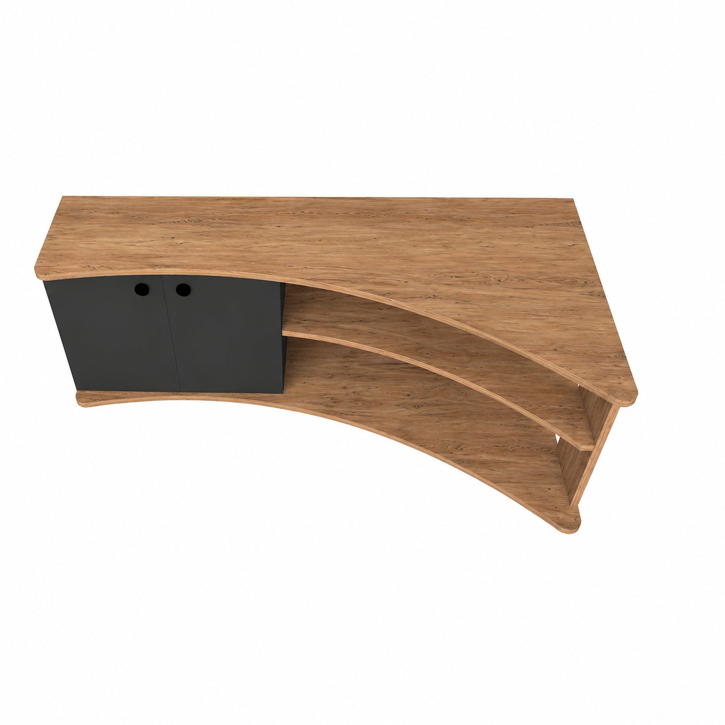 A curved wooden media console or TV stand with a black cabinet door on the left side, shown on a plain white background.