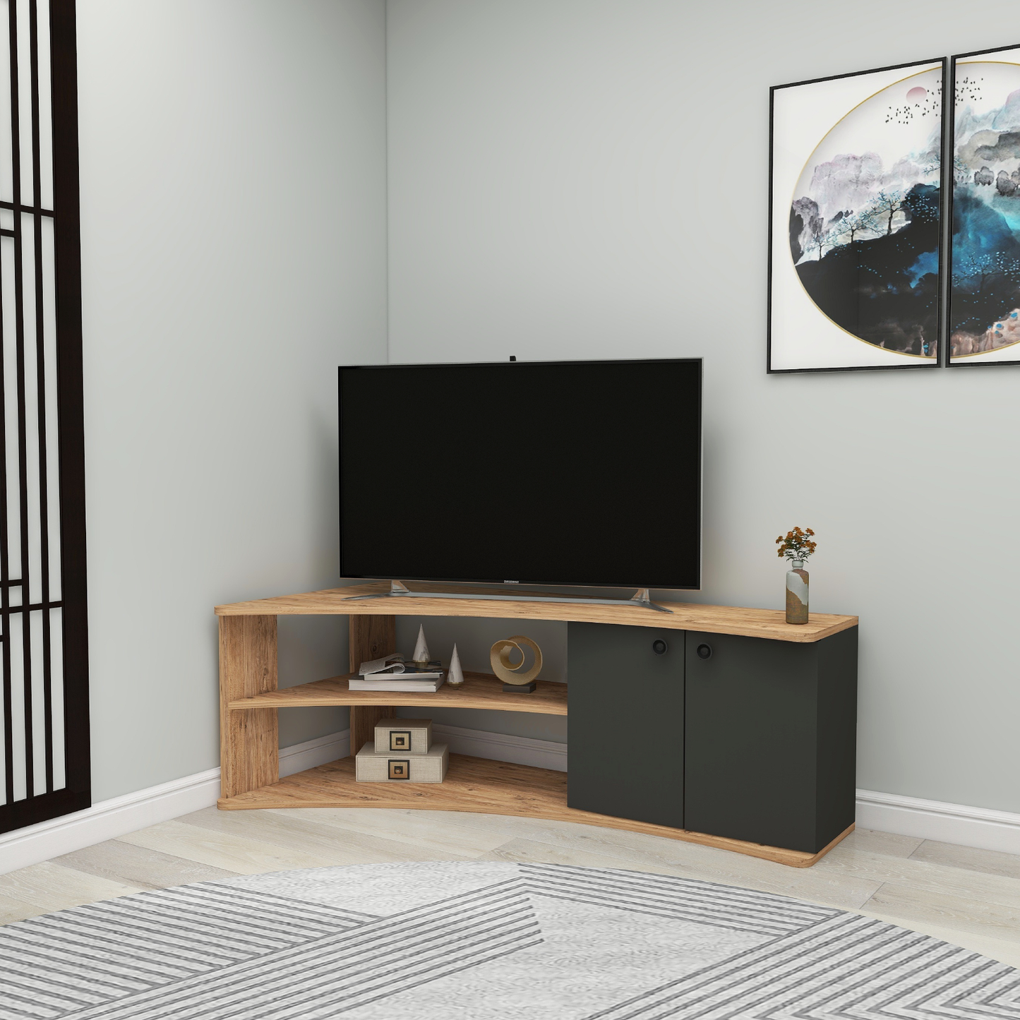 Termera Reversible Corner TV Stand with Storage for TVs up to 60 inches, Atlantic Pine and Anthracite