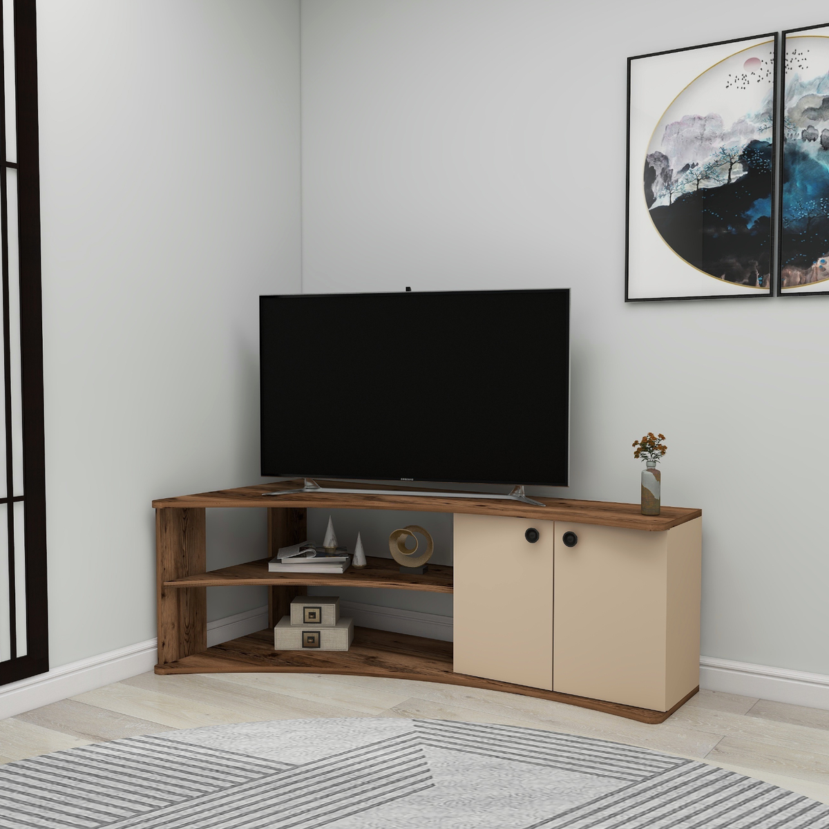 Termera Reversible Corner TV Stand with Storage for TVs up to 60 inches, Light Walnut & Beige