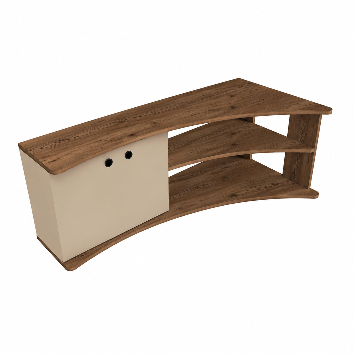 A curved wooden TV stand or media console with a warm brown wood-grain finish and a cream-colored cabinet door on the left side, shown on a plain white background.