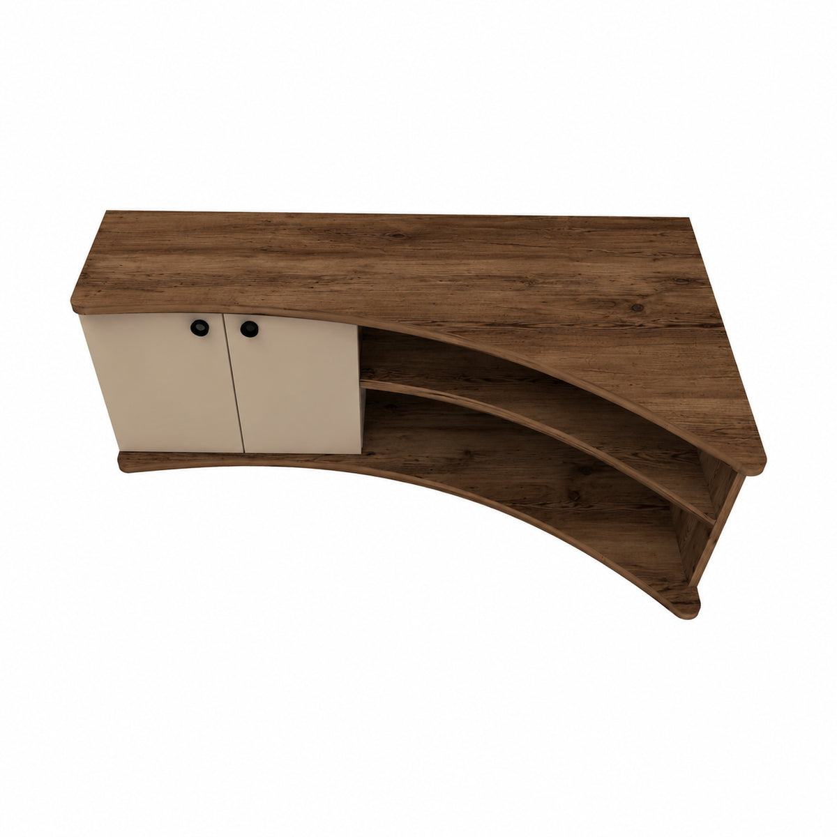 A curved corner media console with a dark brown wood-grain finish, featuring two cream-colored cabinet doors with small black knobs on one side and open shelving on the other, shown on a plain white background.