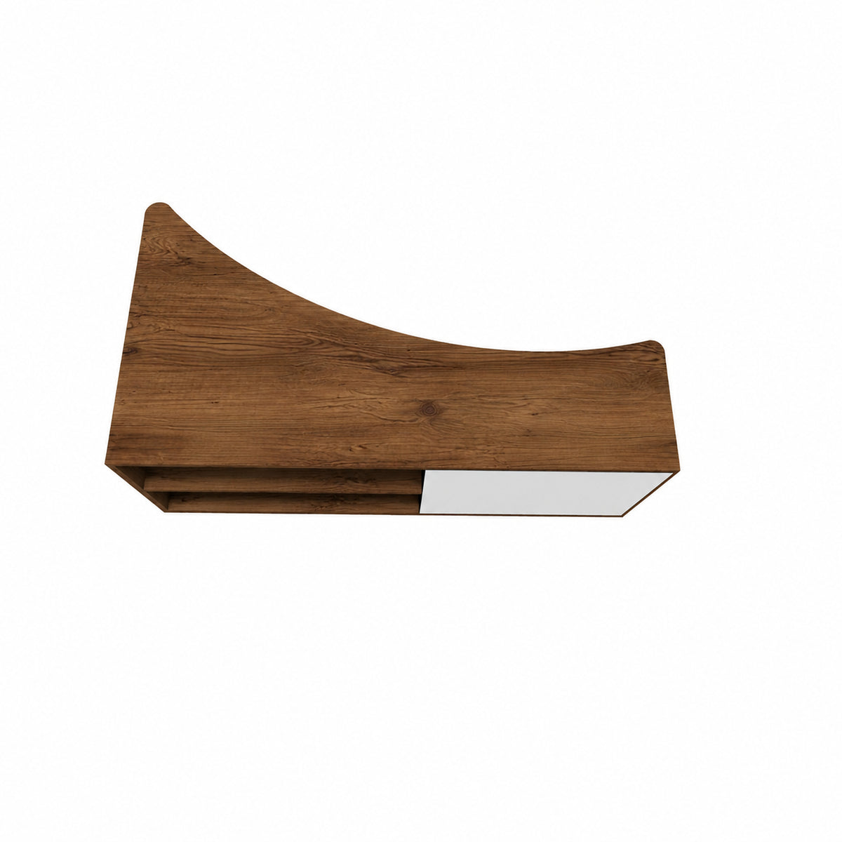 A modern wall-mounted light fixture with a curved wooden top and a white rectangular diffuser, shown against a plain white background.