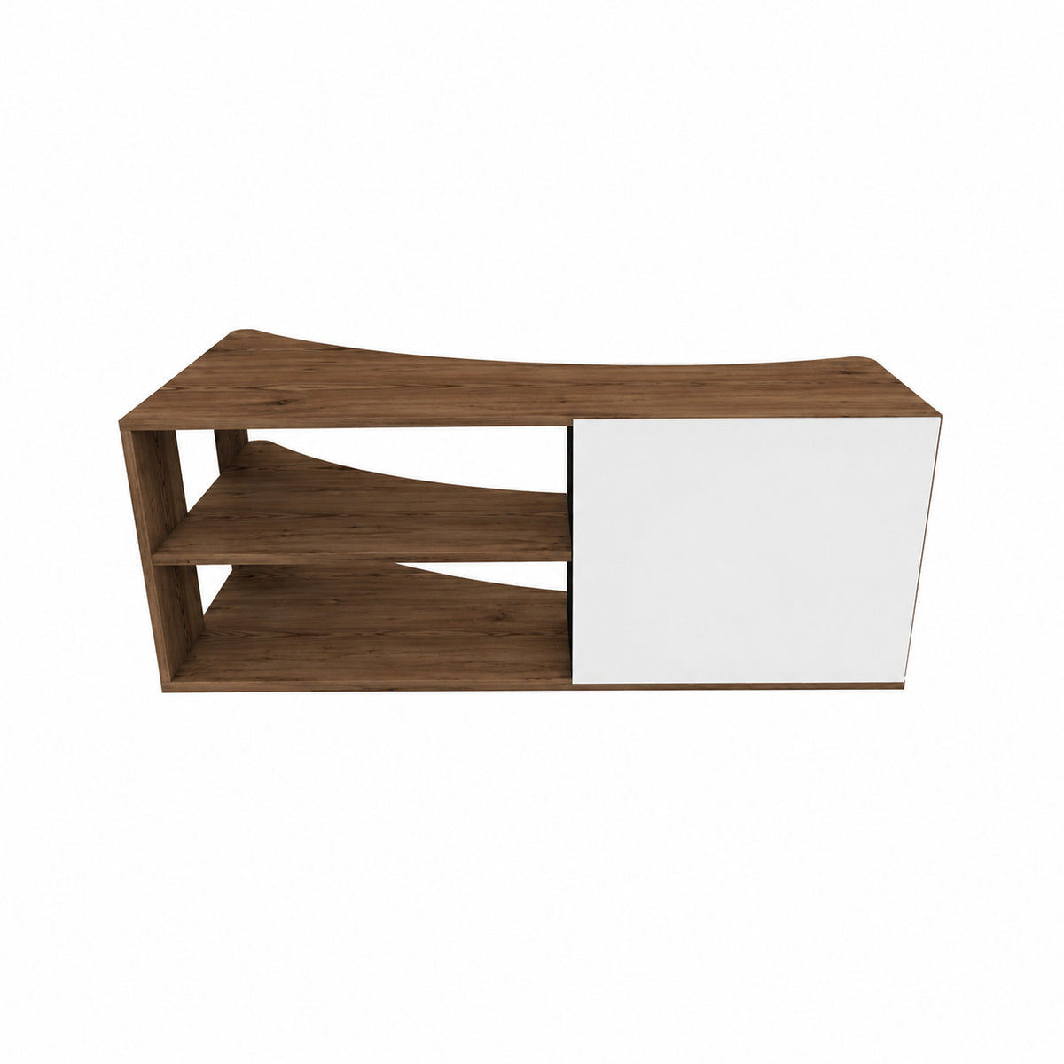 A modern low-profile media console with a curved top, featuring a dark brown wood-grain finish on the shelves and a solid white side door, shown against a plain white background.