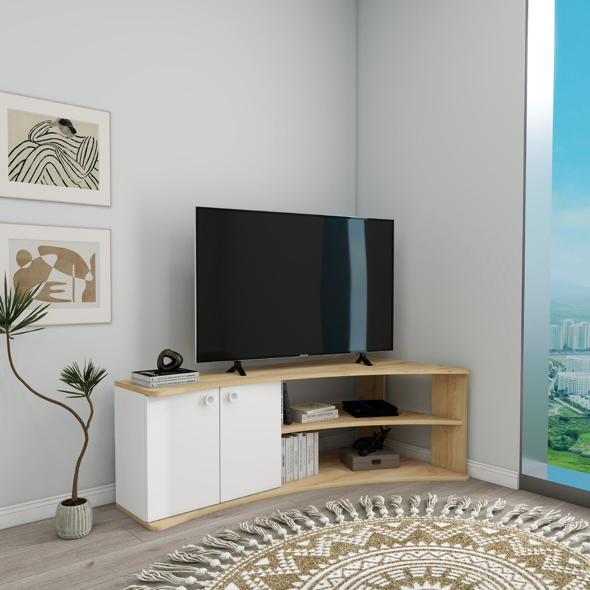 Termera Reversible Corner TV Stand with Storage for TVs up to 60 inches, Sapphire Oak & White